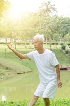 Portrait of healthy grey hair Asian old man practice qigong at outdoor park in morning.