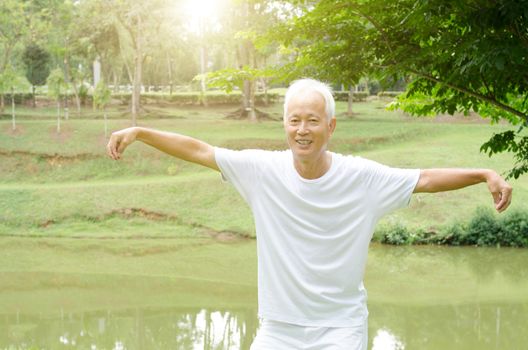 Portrait of healthy white hair Asian senior man practicing qigong at outdoor park in morning.