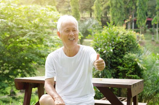 Portrait of cheerful gray hair Asian old man giving thumbs up, sitting at outdoor park in morning. 