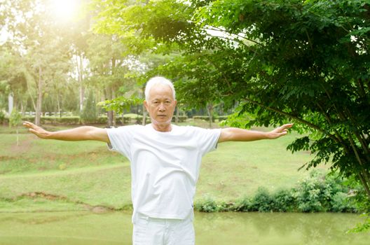 Portrait of healthy gray hair Asian senior man stretching at outdoor park in morning.