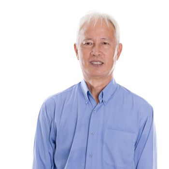 Portrait of old Asian senior man smiling, standing isolated on white background.