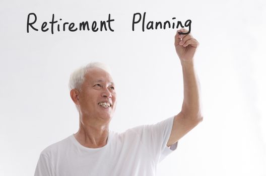 Portrait of old Asian man hand writing, retirement planning concept, isolated on white background.