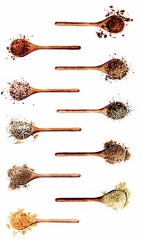 Collection of Various Spices in Wooden Spoons: Dried Paprika, Dried Chili, Salt with Chili, Salt with Cayenne Pepper, Coriander, Salt with Petals, Cumin Powder, Thyme, Zira and Curry Powder on White background