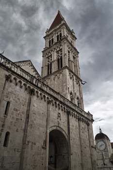 Tower of medieval cathedral in the town of Trogir in Croatia