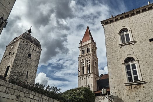 medieval buildings and cathedral tower in the town of Trogir in Croatia