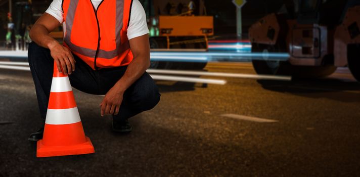 repairing the road in the night city