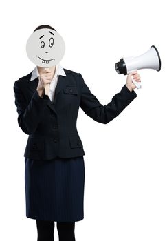 Unrecognizable businesswoman with megaphone hiding her face isolated on white