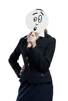 Businesswoman hiding her face behind round banner with sad smiley