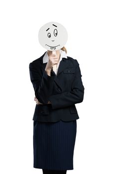 Businesswoman hiding her face behind mask isolated on white