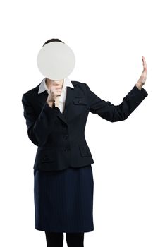 Businesswoman hiding her face behind round banner with smiley