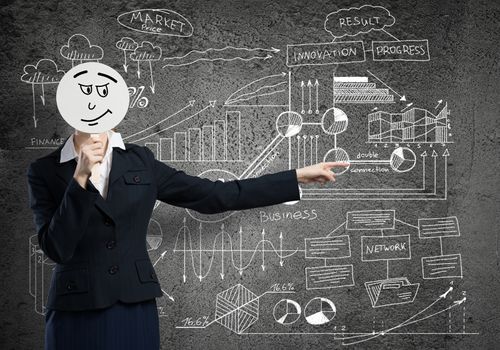 Businesswoman and graphs at background hiding her face behind mask