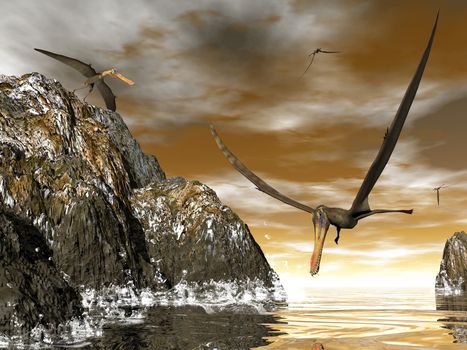 Anhanguera prehistoric birds fishing on the shoreline - 3D render