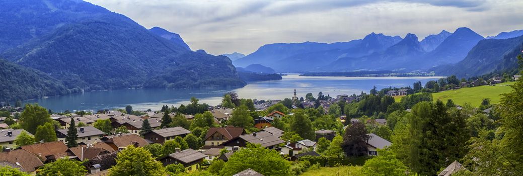 Aerial view of St. Gilgen village and Wolfgangsee lake, Austria