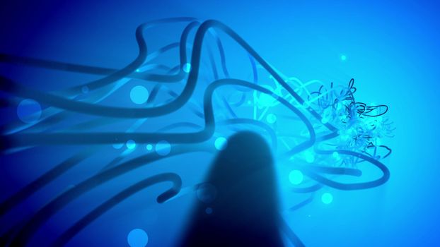 Fantasy 3d rendering of abstract dreamlike strokes and spots twisted in several variously shaped thin and thick spirals in the turquoise-blue background