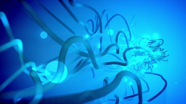 Fabulous 3d illustration of creative fantasy tubes and spheres of light and dark blue color which have several various  size twisted spirals in the blue-violet background. 