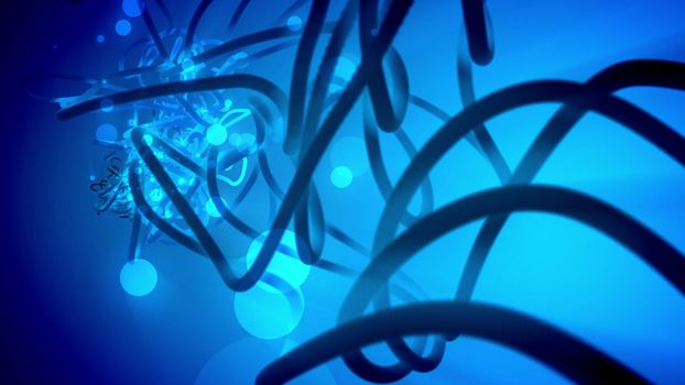 Impressive 3d rendering of artistic fantasy strokes and spheres of dark blue color which have several different  size twisted spirals in the iolet background. White spots add the psychodelic feeling 