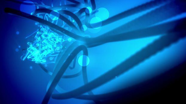 Alien looking 3d illustration of some dot looking creatures encircled with dark blue curvy tubes in the blue-violet background which impress with some enigmatic feeling. 