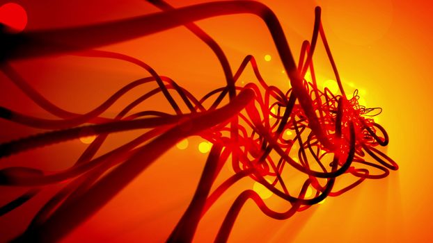 Dynamic 3d illustration of high art and bright fantasy strokes and smears of dark orange color which have several different size twisted spirals in the light orange, red, and yellow background