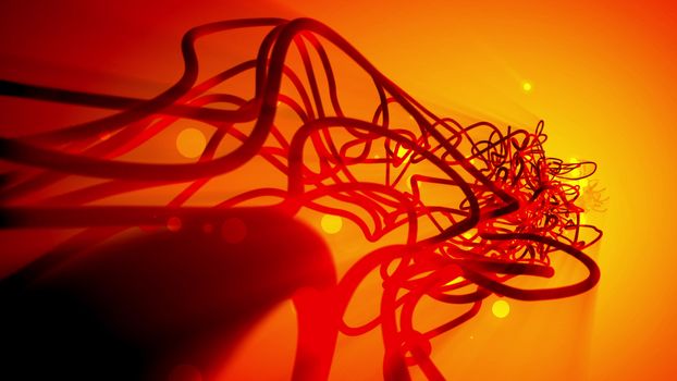 Splendid 3d rendering of abstract fantasy strokes and smears in dark orange color which look like several differently shaped twisted spirals in the light orange and yellow background