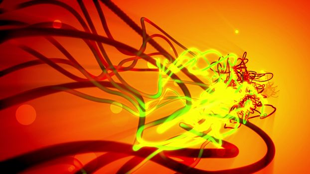 Artistic 3d illustration of abstract flow of consciousness with fantasy strokes and spheres in dark orange, light yellow, and even green colors in the light orange and yellow background