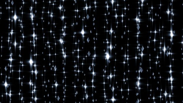 Impressive 3d illustration of shimmering diamond rows in the black background. The rhomb shaped gems fly in a multilayered space in an arty way.