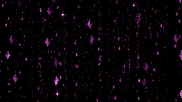 Amazing 3d rendering of sparkling violet diamond rows in the black background. The rhomb formed gems spin in a volumetric space in an arty way.