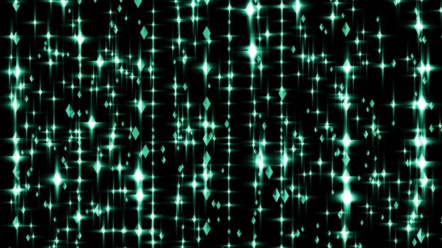 Inspiring 3d illustration of flickering diamond rows in the black background. The parallelogram shaped gems soar in a holographic space in an arty way, among bright rays and sparkles