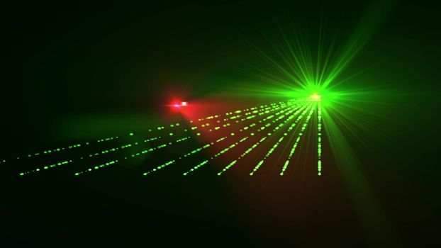 Artistic 3d rendering of green yellow star with several rays beaming like egual lanes in the dark green background. Super illustration for any showmanship book