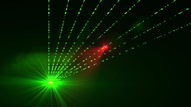 Super 3d rendering of a big green star with a number of straight rays glowing like equal paths in the dark green background. Wonderful  illustration for any showmanship manual