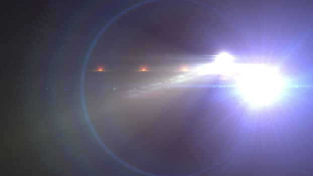 Impressive 3d illustration of a sparkling spotlight at the end of some space tube covering several small spotlights located behind in the black background