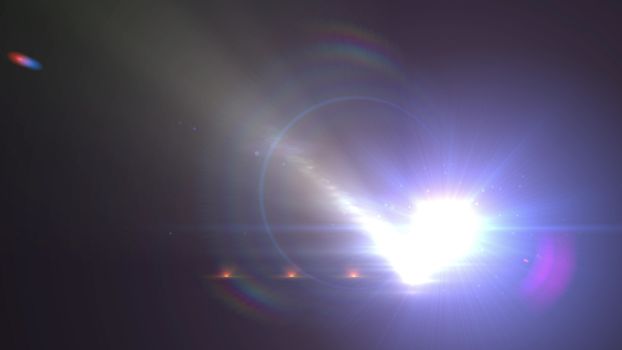 Striking 3d rendering of a plazma looking star with rainbow circles around it and a flying saucer of red and blue colors rushing toward it in the black background