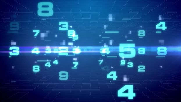 Sci-fi 3d illustration of flying light blue digits located between two surfaces covered with networks in some multilayered cyberspace. The dark blue background looks futuristic