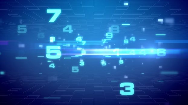 Hi-tech 3d rendering of flying light blue numbers, lines, and spots, between two surfaces with some grids  in some unusual holographic cyberspace. The dark blue background looks ultramodern