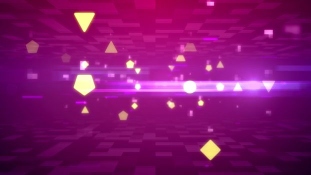 3d rendering of spinning light pink forms, lines, and dots, between two surfaces with illuminated grids in some holographic cyberspace. The violet background looks gorgeous