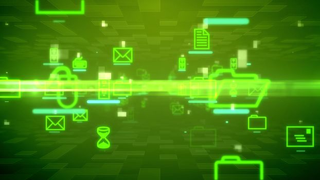 Innovative 3d illustration of flying and sparkling texts, electronic mails, sand clocks, dots, lines, in some futuristic cyberspace n the dark green background