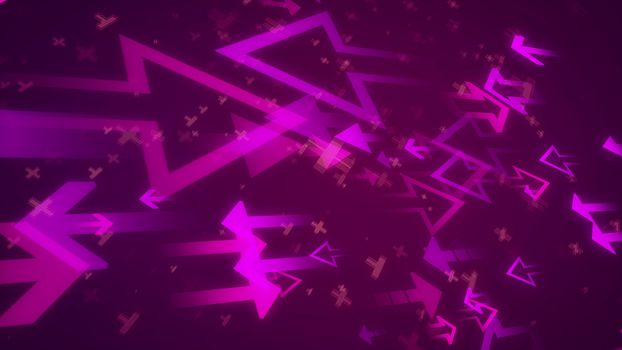 3d illustration of big and small arrows of a pink color aimed at each other with numerous x and y located between them in the violet background.