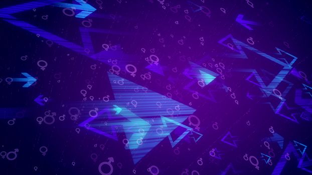 Striking 3d illustration of different light blue arrows aimed at each other and flying between them male and female round symbols in the dark blue background