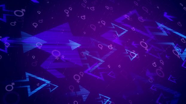 Holographic 3d rendering of various light blue arrows aimed at each other and spinning between them man and woman round symbols in the dark blue background
