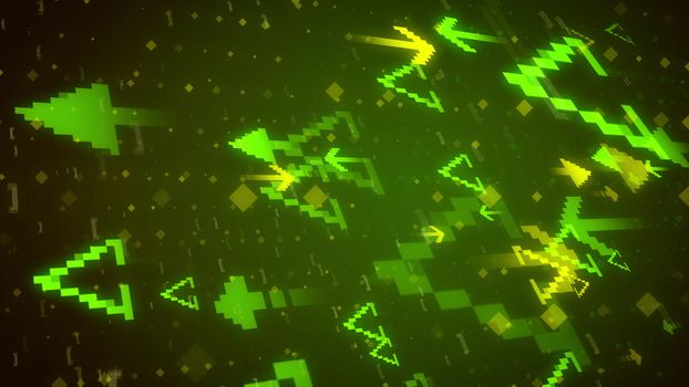 Militant 3d rendering of small yellow darts opposing big light green star stepped arrows with a lot of  dots, spots,placed in sparkling lines and rows in thedark  green background.