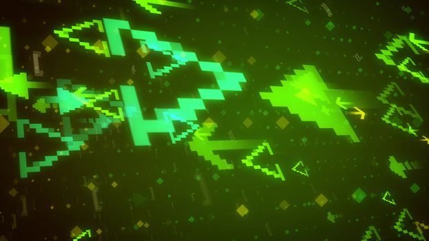 Futuristic 3d illustration of light blue and yellow star-stepped arrows opposing each other and numerous squares sparkling between them in the dark green background.