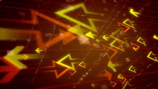 Volumetric 3d illustration of different sparkling yellow and orange arrows aimed at each other imposed on red network in the dark brown background