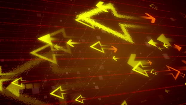 Impressive 3d illustration of big yellow arrows flying at small orange arrows in the dark brown background covered with a network from red lines.