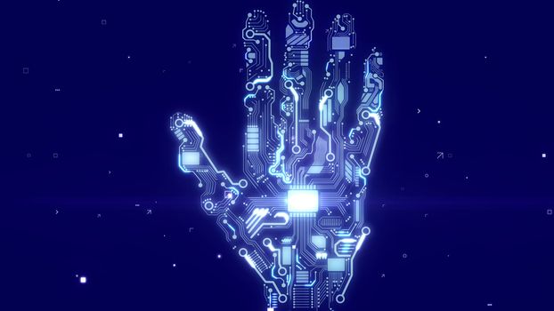 Futuristic 3d rendering of a sparkling intelligent cyborg hand with embedded CPU microchips and circuits of lignt blue color in the dark blue background