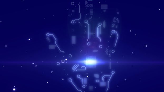 Sci-fi 3d rendering of an outline of a sparkling intelligent robot hand with a plazma looking built-in CPU microchips, and circuits of light blue color in the dark blue background.