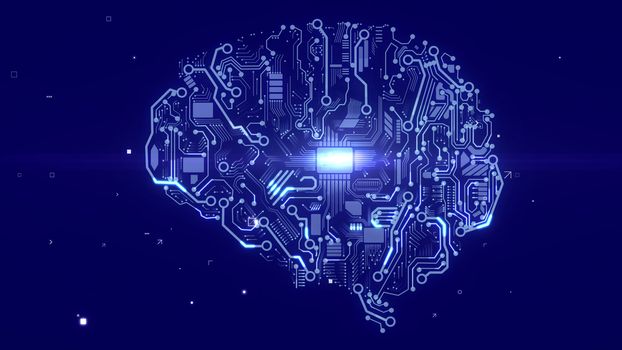 Futuristic 3d illustration of an android looking brain with sparkling circuits, devices, a plazma looking CPU microchips, of the light blue color in the dark blue cyberface.