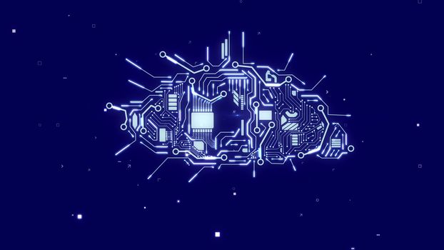 Hi-tech 3d illustration of an artificial intelligence eye with glowing circuits, rhomb devices, microswitchers, fiber optics, appliances, a light blue CPU microchips, in the dark blue background