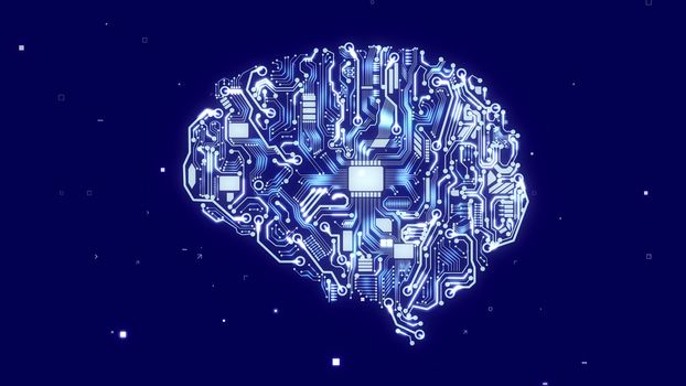 Advanced 3d rendering of an robot looking brain with sparkling circuits, fiber optics, appliances, a plazma looking CPU microchips, of the light blue color in the dark blue background.