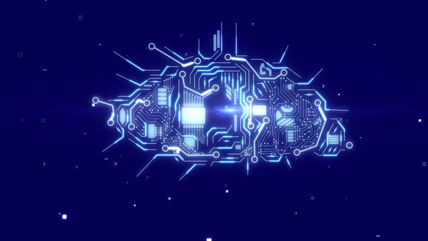 Futuristic 3d rendering of an artificial intelligence eye with sparkling circuits, accumulators, antennas,   fiber optics, appliances, light blue CPU microchips, in the dark blue cyberspace.