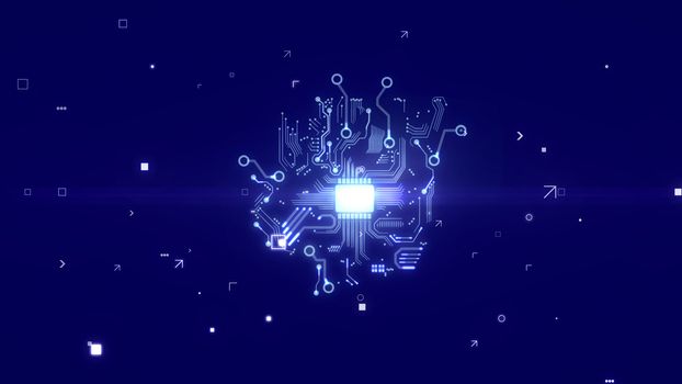 Neo-geo 3d illustration of a robot brain with sparkling circuits, tiny accumulators, antennas,   fiber optics, micro appliances, a plazma looking  CPU chip, in the dark blue background.