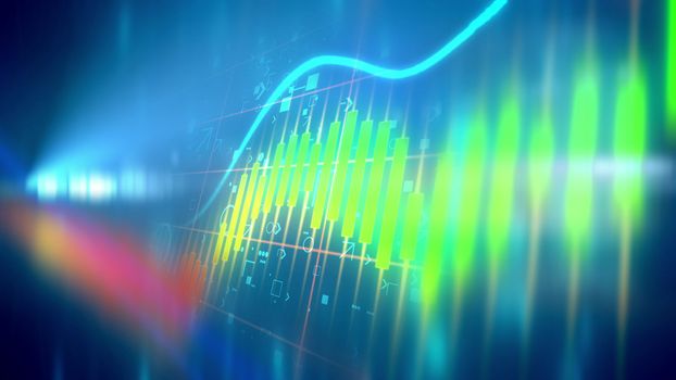 Impressive 3d rendering of colorful business line charts taken askew in the light blue background with some signs and symbols placed behind. The rainbow looking blured spot decorates the illustration